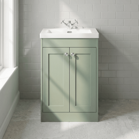 [BFHE825L] Balterley 600mm Floor Standing 2 Door Unit with Minimalist Basin 1 Tap Hole - Satin Green - Silo