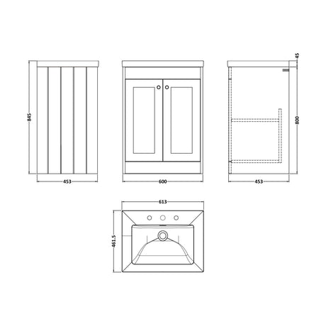[BFHE825M] Balterley 600mm Floor Standing 2 Door Unit with Minimalist Basin 3 Tap Hole - Satin Green - Technical Drawing