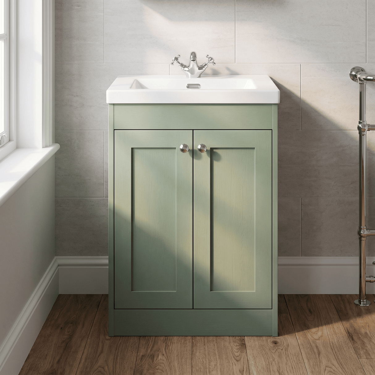 [BFHE825M] Balterley 600mm Floor Standing 2 Door Unit with Minimalist Basin 3 Tap Hole - Satin Green - Lifestyle 1