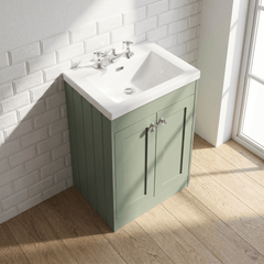 [BFHE825M] Balterley 600mm Floor Standing 2 Door Unit with Minimalist Basin 3 Tap Hole - Satin Green - Lifestyle 2