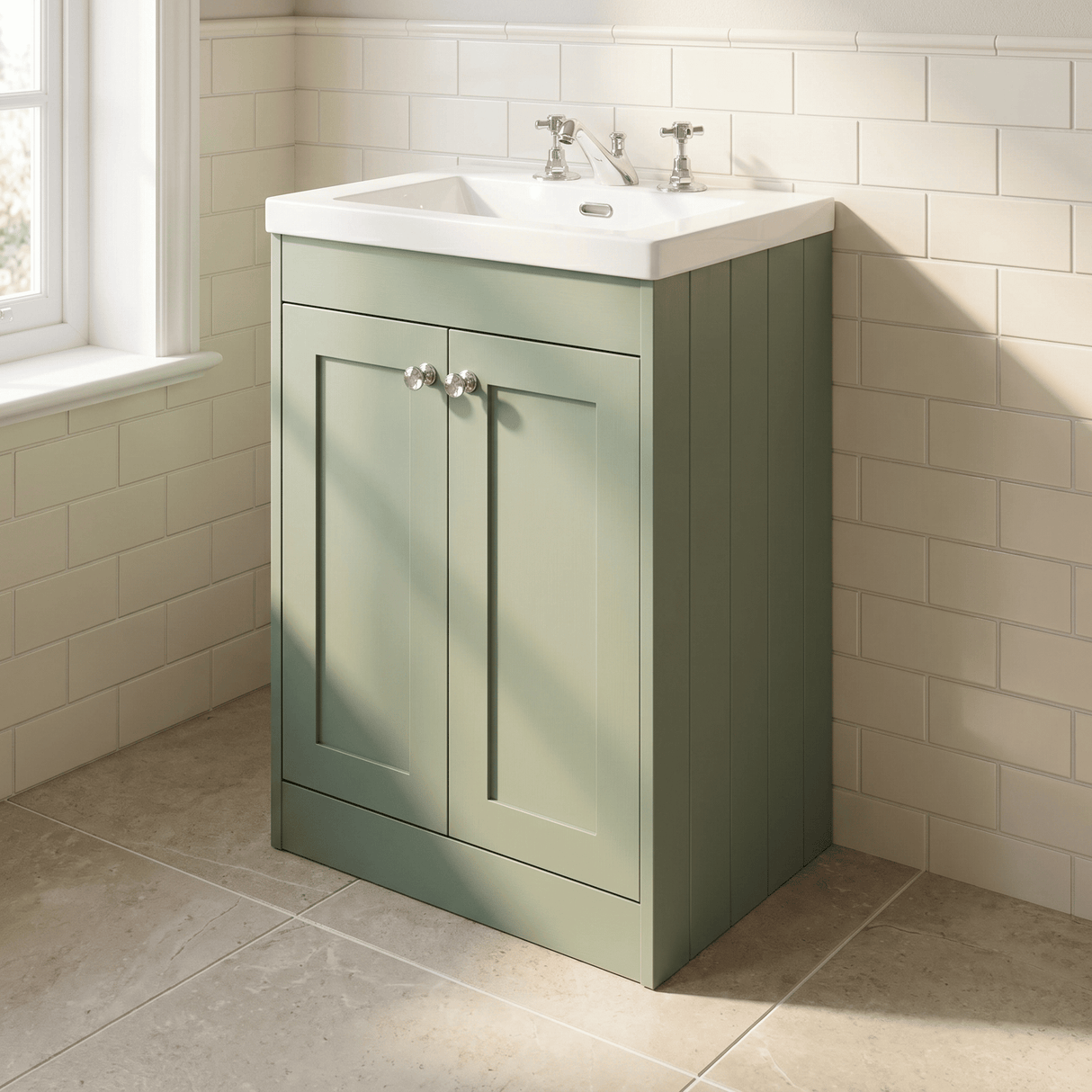 [BFHE825M] Balterley 600mm Floor Standing 2 Door Unit with Minimalist Basin 3 Tap Hole - Satin Green - Lifestyle 3