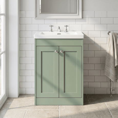 [BFHE825M] Balterley 600mm Floor Standing 2 Door Unit with Minimalist Basin 3 Tap Hole - Satin Green - Silo