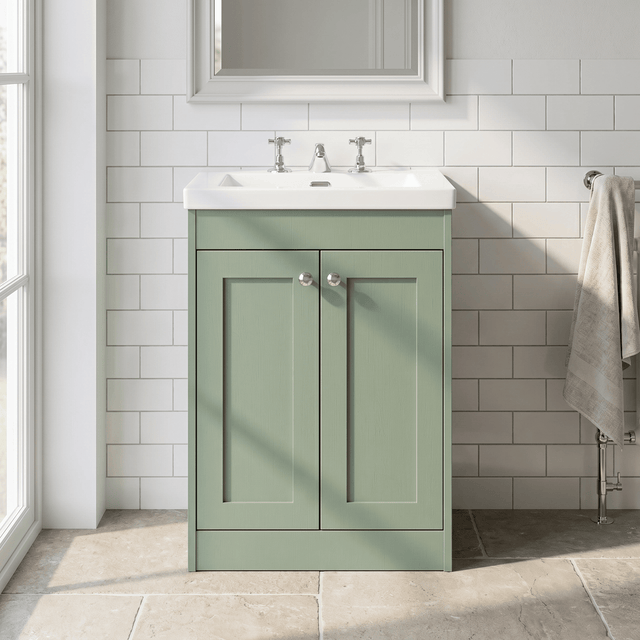 [BFHE825M] Balterley 600mm Floor Standing 2 Door Unit with Minimalist Basin 3 Tap Hole - Satin Green - Silo