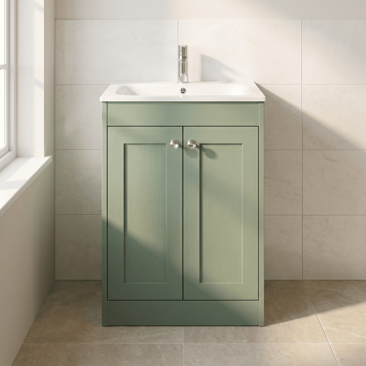 [BFHE825P] Balterley 600mm Floor Standing 2 Door Unit with Stone Basin 1 Tap Hole - Satin Green - Lifestyle 1