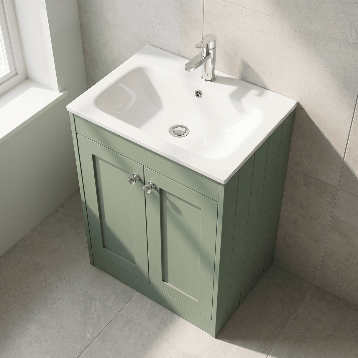 [BFHE825P] Balterley 600mm Floor Standing 2 Door Unit with Stone Basin 1 Tap Hole - Satin Green - Lifestyle 2