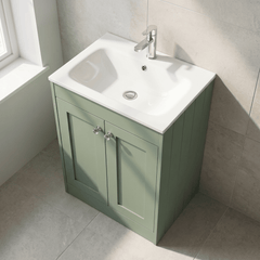 [BFHE825P] Balterley 600mm Floor Standing 2 Door Unit with Stone Basin 1 Tap Hole - Satin Green - Lifestyle 2