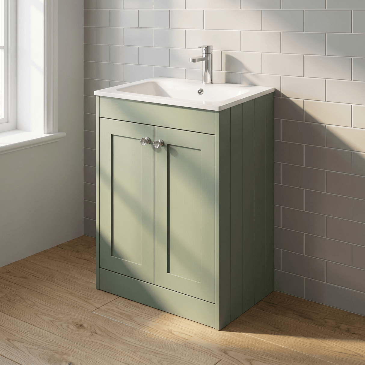 [BFHE825P] Balterley 600mm Floor Standing 2 Door Unit with Stone Basin 1 Tap Hole - Satin Green - Lifestyle 3