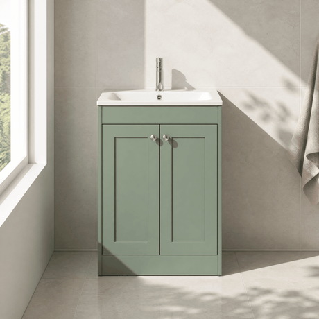 [BFHE825P] Balterley 600mm Floor Standing 2 Door Unit with Stone Basin 1 Tap Hole - Satin Green - Silo