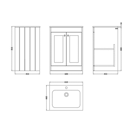 [BFHE825Q] Balterley 600mm Floor Standing 2 Door Unit & Stone Basin 1 Tap Hole - Satin Green - Technical Drawing