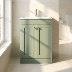 [BFHE825Q] Balterley 600mm Floor Standing 2 Door Unit & Stone Basin 1 Tap Hole - Satin Green - Lifestyle 1