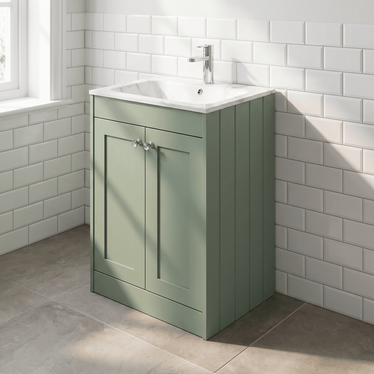 [BFHE825Q] Balterley 600mm Floor Standing 2 Door Unit & Stone Basin 1 Tap Hole - Satin Green - Lifestyle 3