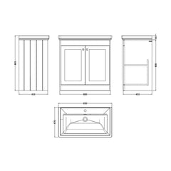 [BFHE826A] Balterley 800mm Floor Standing 2 Door Unit with Classic Basin 1 Tap Hole - Satin Green - Technical Drawing