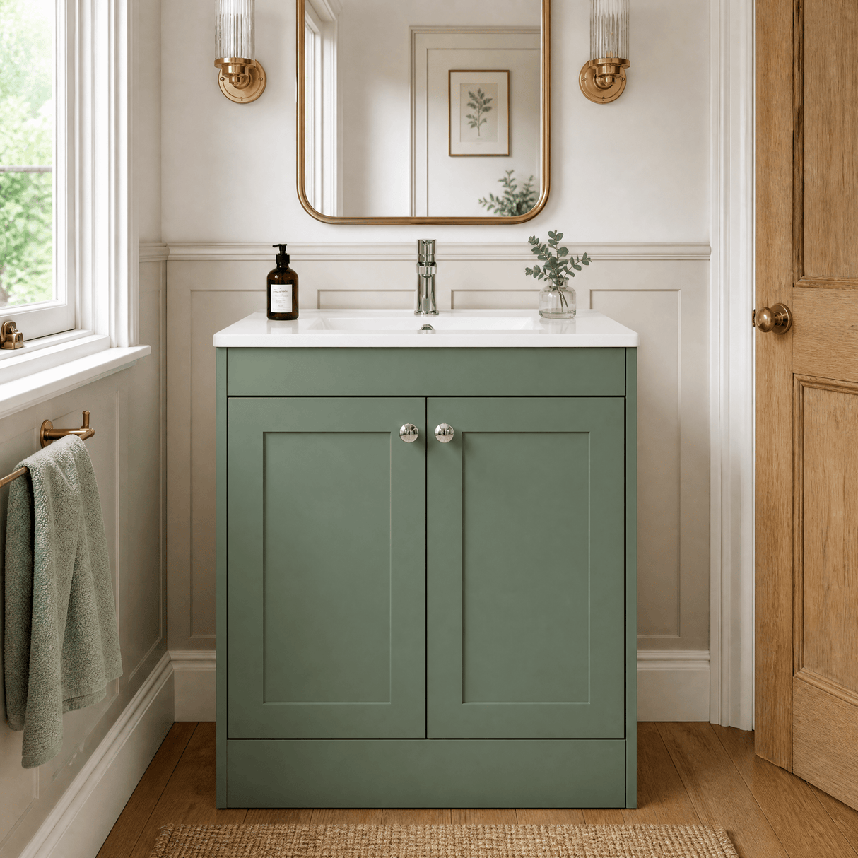 [BFHE826C] Balterley 800mm Floor Standing 2 Door Unit with Minimalist Basin 1 Tap Hole - Satin Green - Lifestyle 1