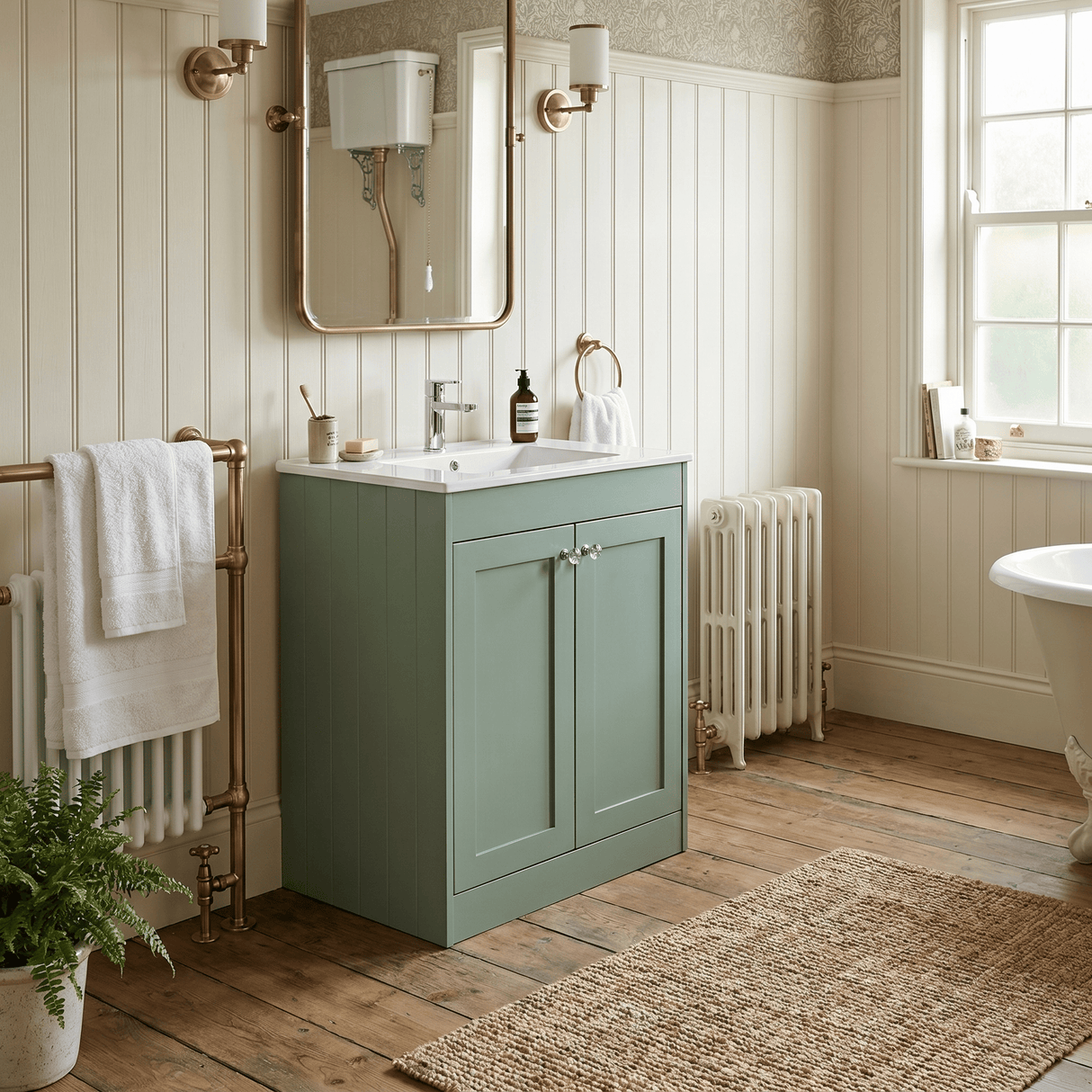 [BFHE826C] Balterley 800mm Floor Standing 2 Door Unit with Minimalist Basin 1 Tap Hole - Satin Green - Lifestyle 3