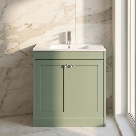 [BFHE826C] Balterley 800mm Floor Standing 2 Door Unit with Minimalist Basin 1 Tap Hole - Satin Green - Silo