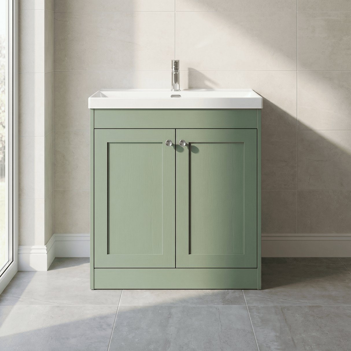 [BFHE826E] Balterley 800mm Floor Standing 2 Door Unit with Thin Edge Basin 1 Tap Hole - Satin Green - Lifestyle 1