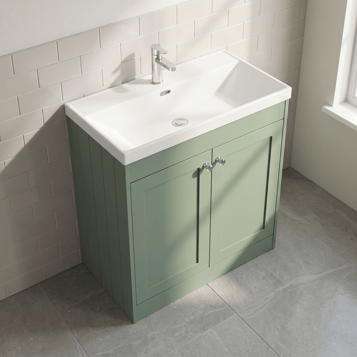 [BFHE826E] Balterley 800mm Floor Standing 2 Door Unit with Thin Edge Basin 1 Tap Hole - Satin Green - Lifestyle 2
