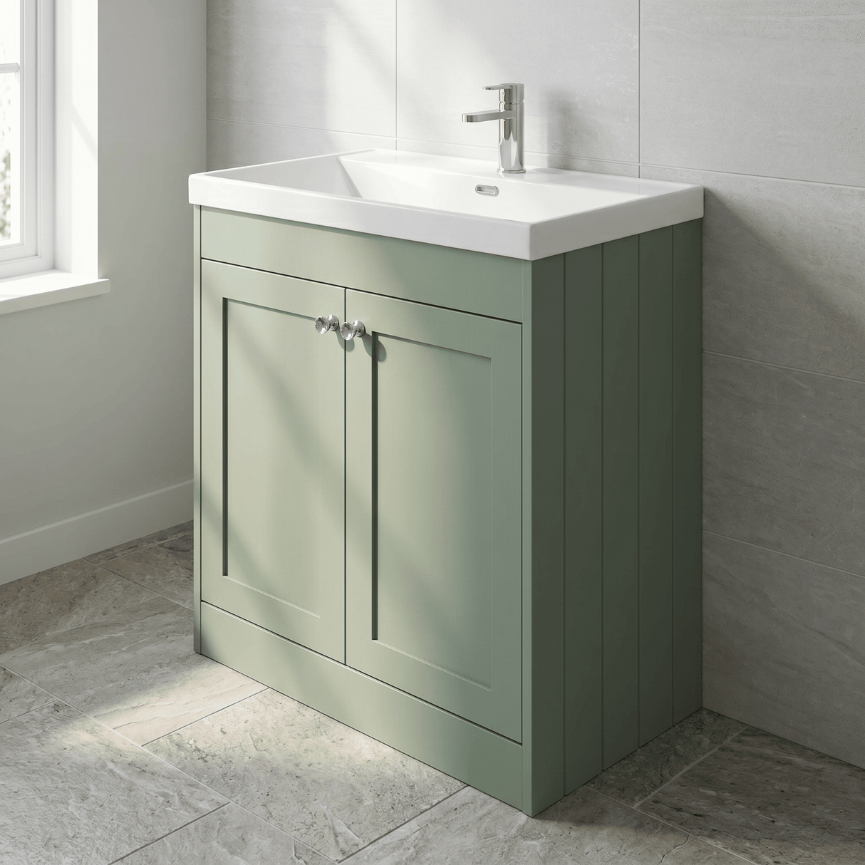 [BFHE826E] Balterley 800mm Floor Standing 2 Door Unit with Thin Edge Basin 1 Tap Hole - Satin Green - Lifestyle 3