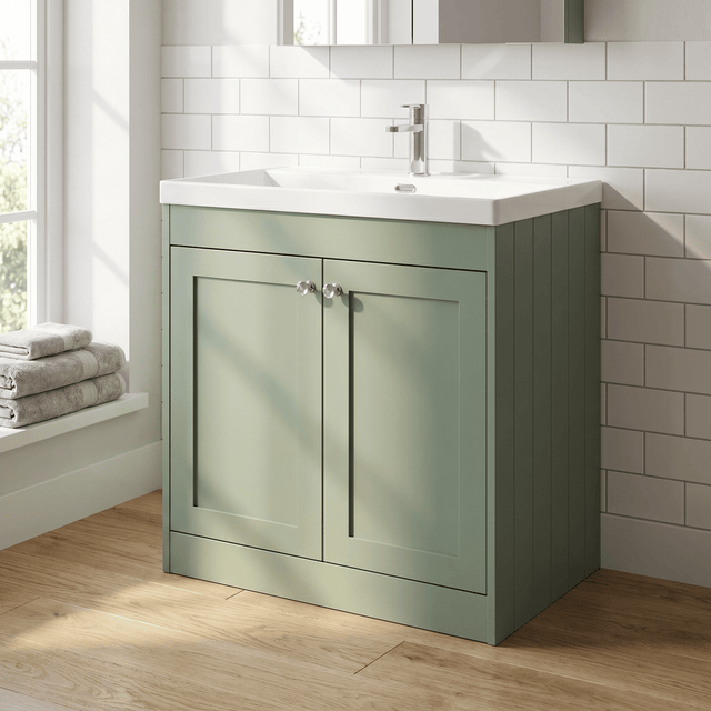 [BFHE826E] Balterley 800mm Floor Standing 2 Door Unit with Thin Edge Basin 1 Tap Hole - Satin Green - Silo