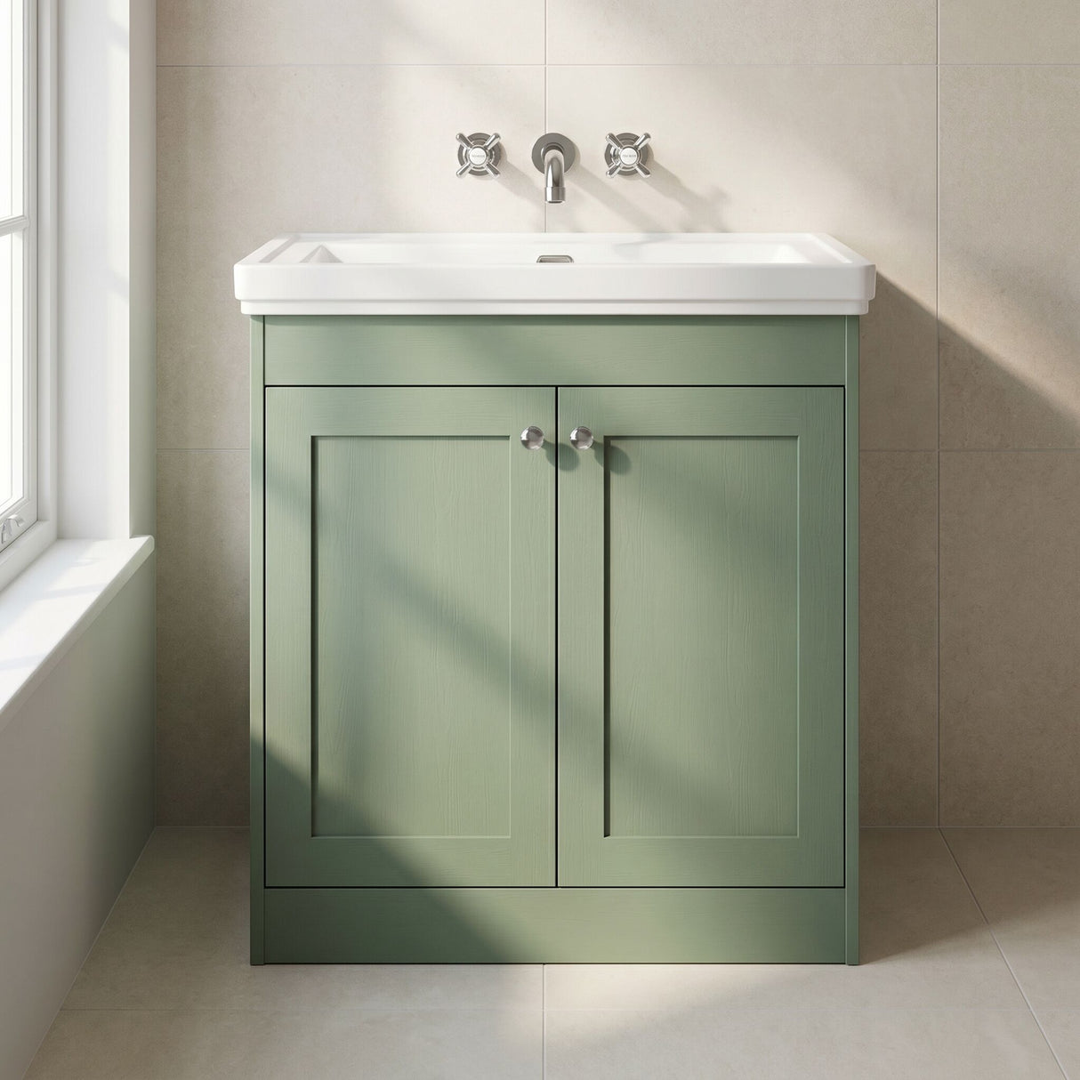 [BFHE826H] Balterley 800mm Floor Standing 2 Door Unit with Classic Basin No Tap Hole - Satin Green - Lifestyle 1