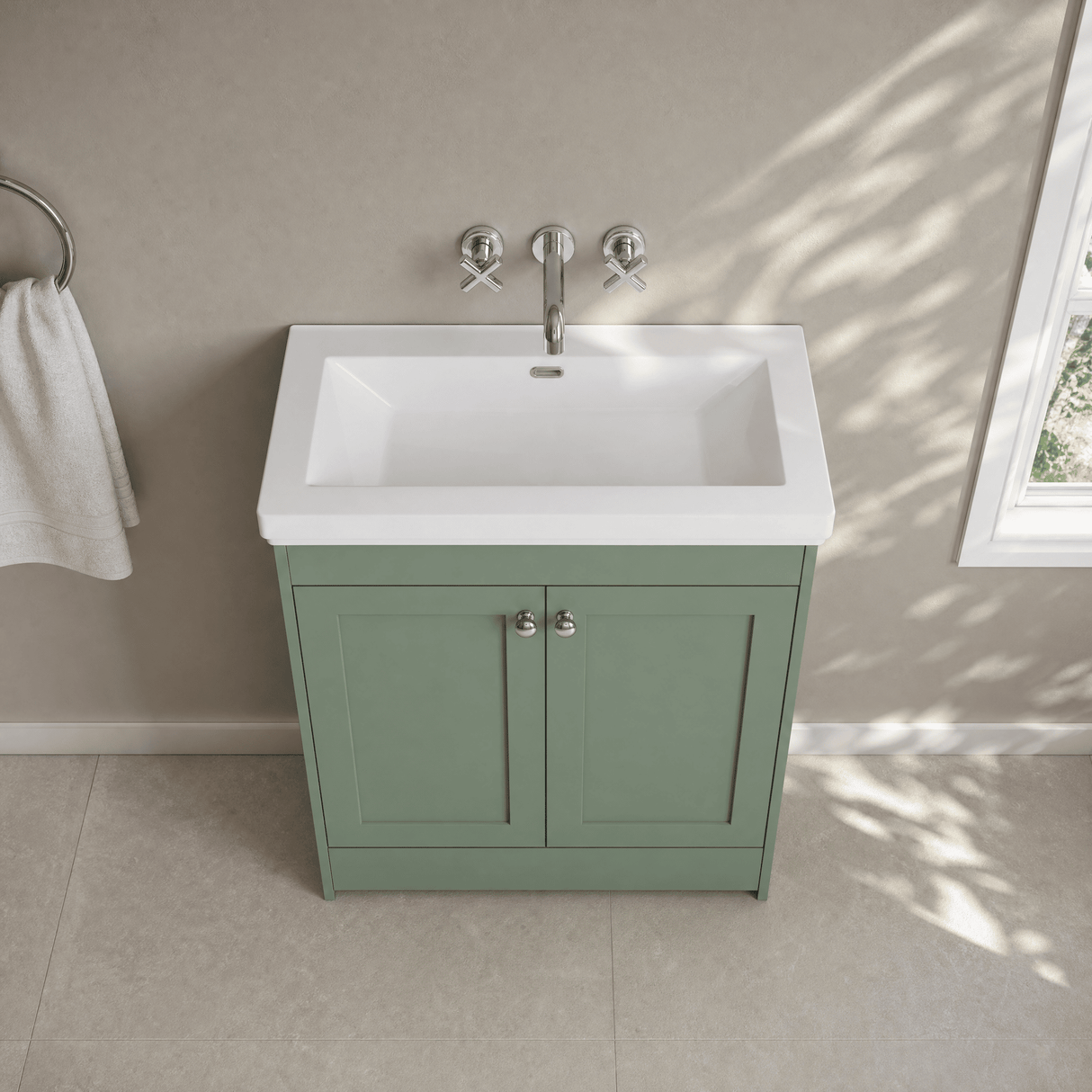 [BFHE826H] Balterley 800mm Floor Standing 2 Door Unit with Classic Basin No Tap Hole - Satin Green - Lifestyle 2