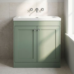 [BFHE826K] Balterley 800mm Floor Standing 2 Door Unit with Minimalist Basin No Tap Hole - Satin Green - Lifestyle 1