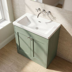 [BFHE826K] Balterley 800mm Floor Standing 2 Door Unit with Minimalist Basin No Tap Hole - Satin Green - Lifestyle 2