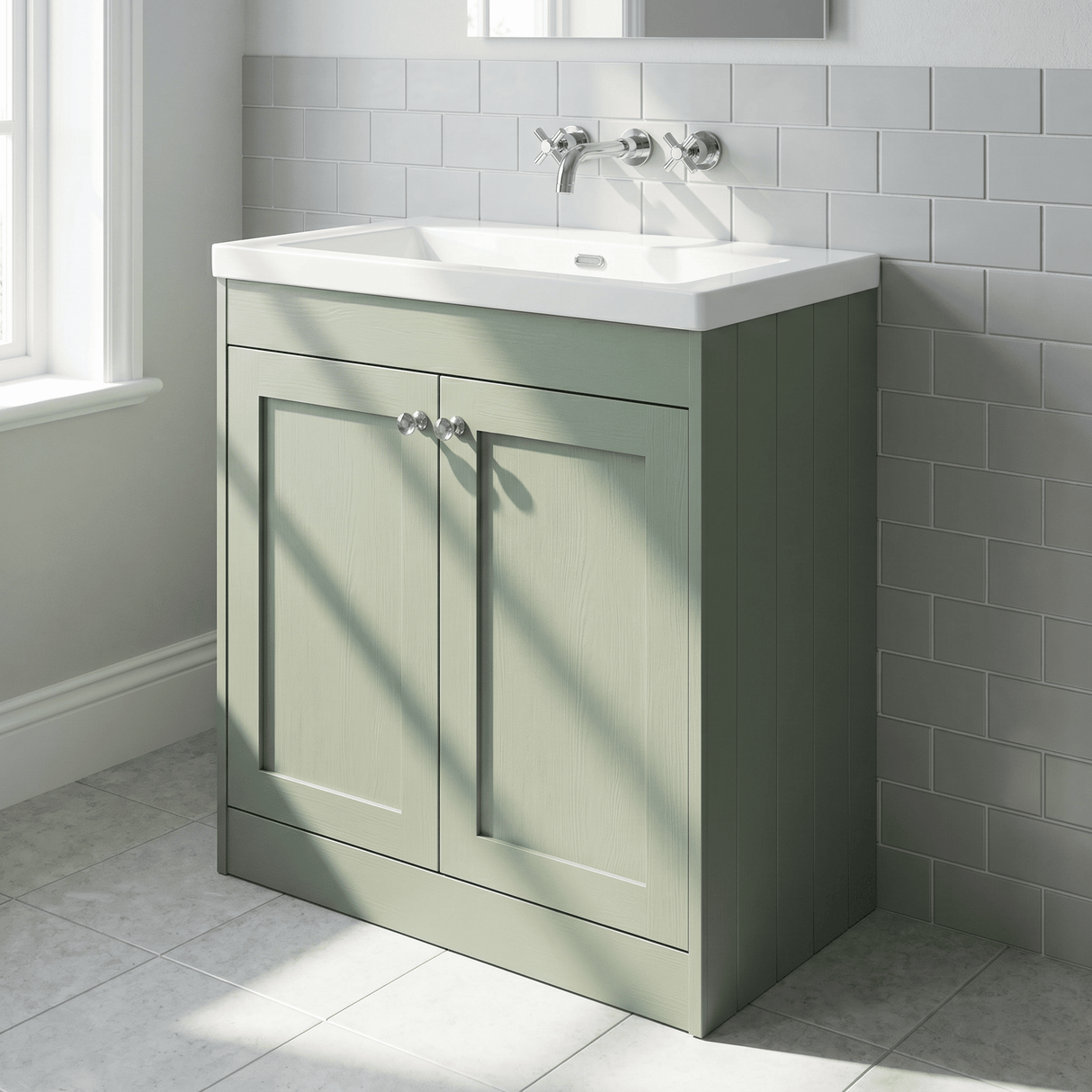 [BFHE826K] Balterley 800mm Floor Standing 2 Door Unit with Minimalist Basin No Tap Hole - Satin Green - Lifestyle 3
