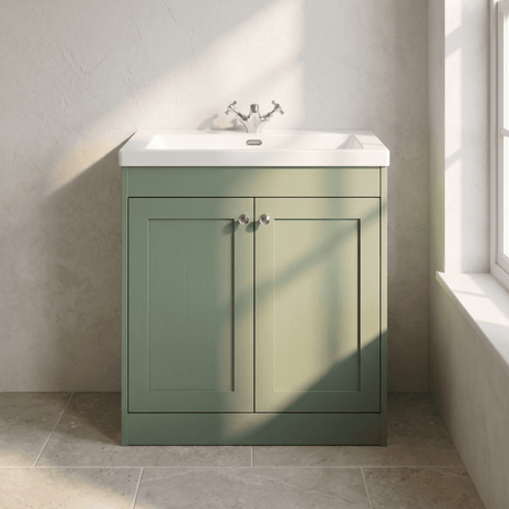 [BFHE826L] Balterley 800mm Floor Standing 2 Door Unit with Minimalist Basin 1 Tap Hole, Satin Green - Silo