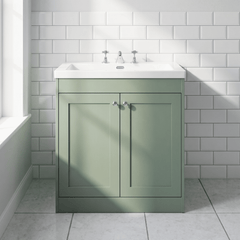 [BFHE826M] Balterley 800mm Floor Standing 2 Door Unit with Minimalist Basin 3 Tap Hole - Satin Green - Lifestyle 1