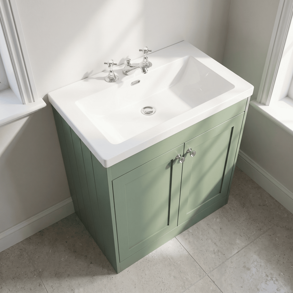 [BFHE826M] Balterley 800mm Floor Standing 2 Door Unit with Minimalist Basin 3 Tap Hole - Satin Green - Lifestyle 2