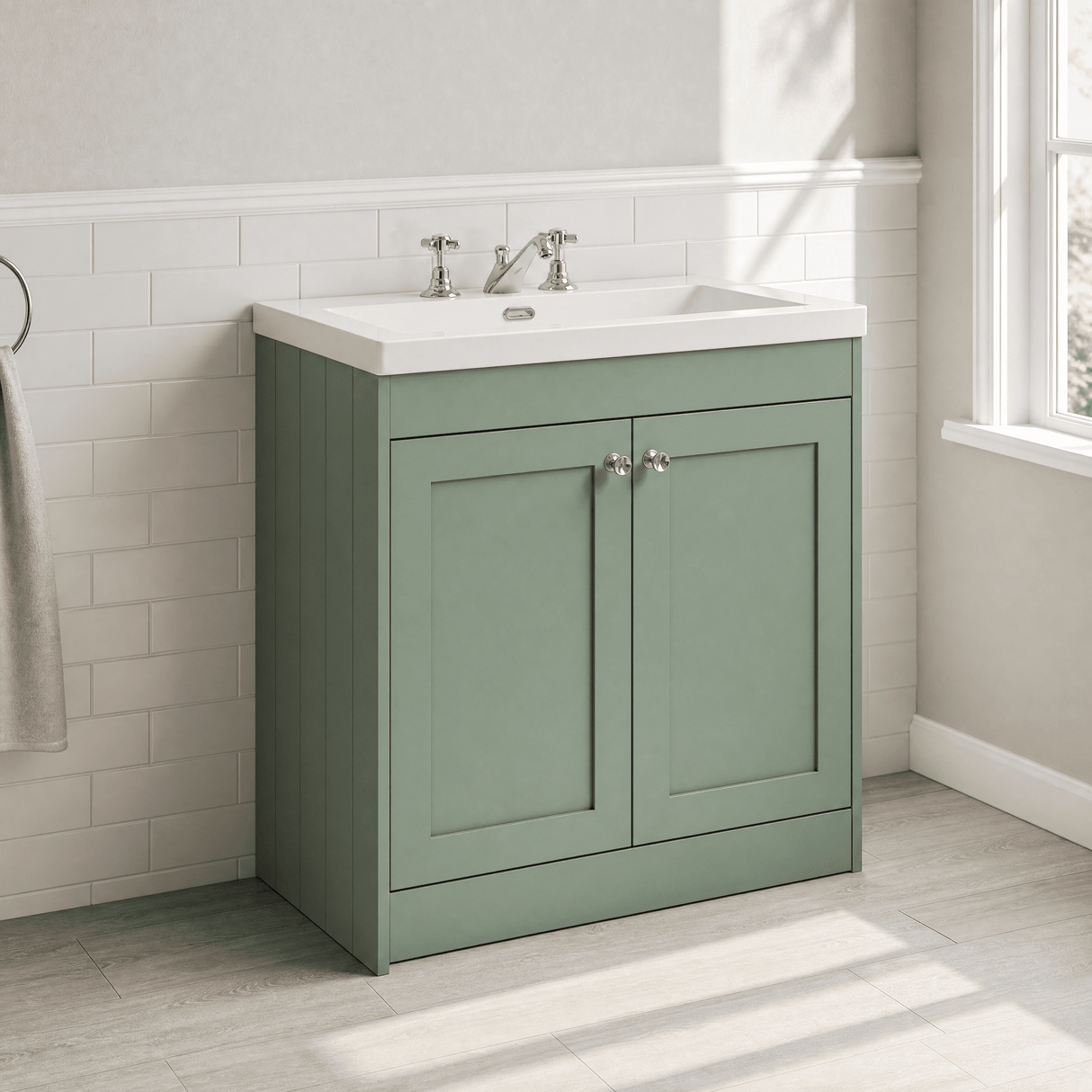 [BFHE826M] Balterley 800mm Floor Standing 2 Door Unit with Minimalist Basin 3 Tap Hole - Satin Green - Lifestyle 3