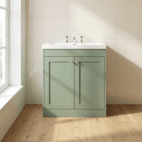 [BFHE826M] Balterley 800mm Floor Standing 2 Door Unit with Minimalist Basin 3 Tap Hole - Satin Green - Silo