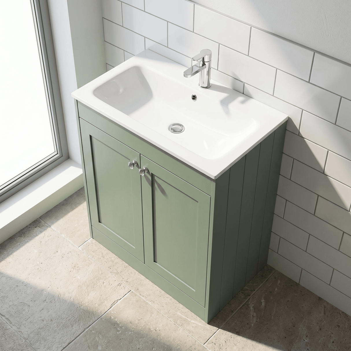 [BFHE826P] Balterley 800mm Floor Standing 2 Door Unit with Stone Basin 1 Tap Hole - Satin Green - Lifestyle 2