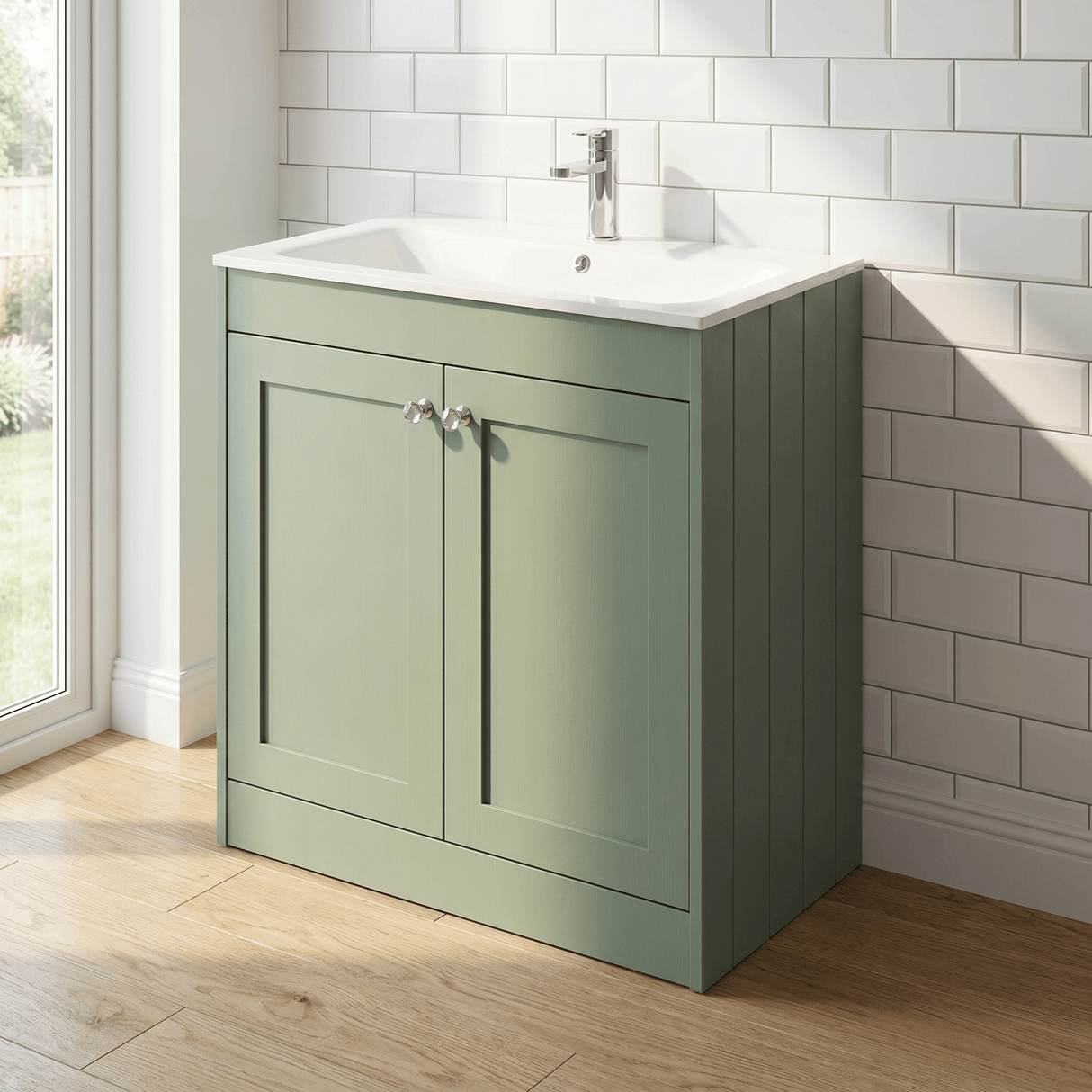 [BFHE826P] Balterley 800mm Floor Standing 2 Door Unit with Stone Basin 1 Tap Hole - Satin Green - Lifestyle 3