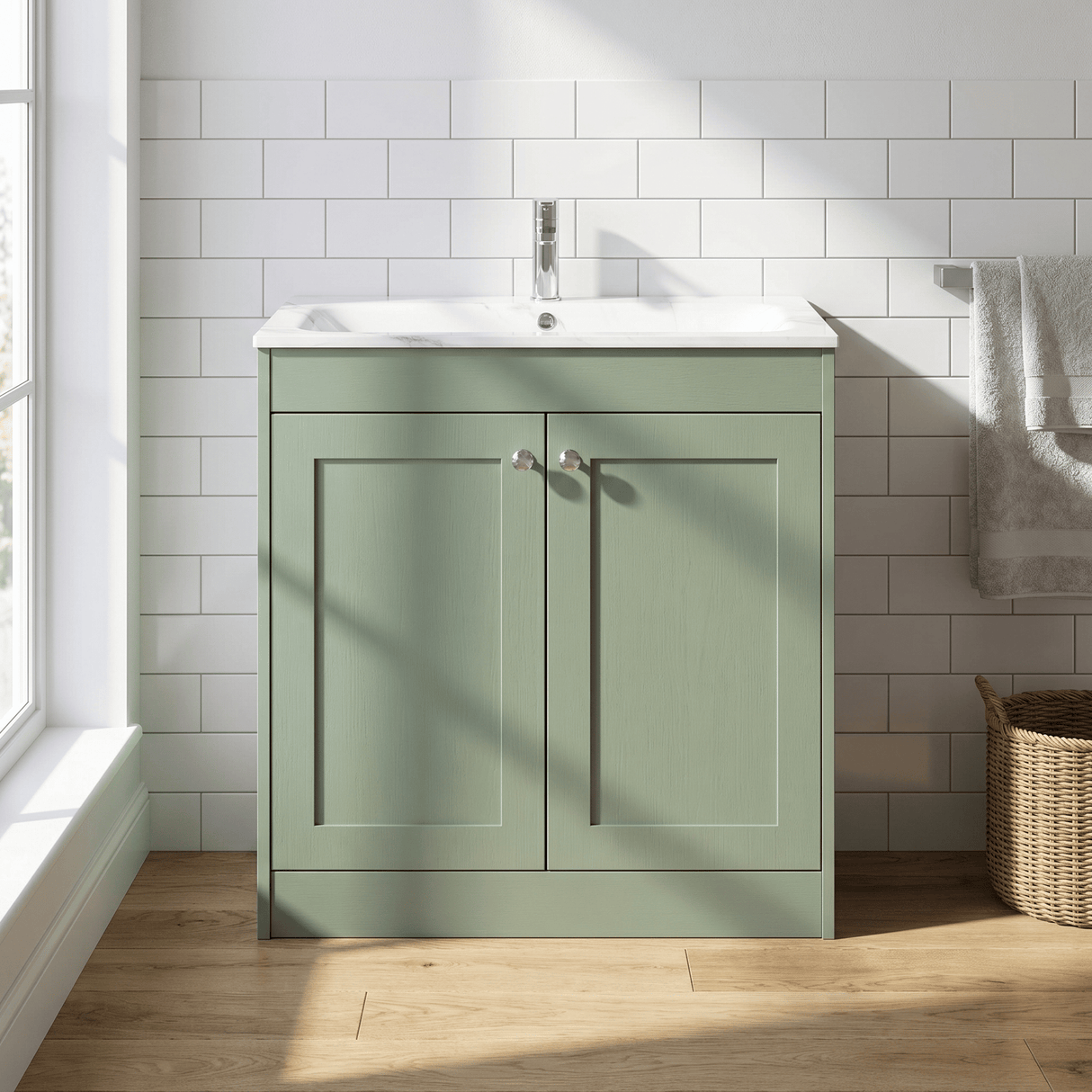 [BFHE826Q] Balterley 800mm Floor Standing 2 Door Unit & Stone Basin 1 Tap Hole - Satin Green - Lifestyle 1