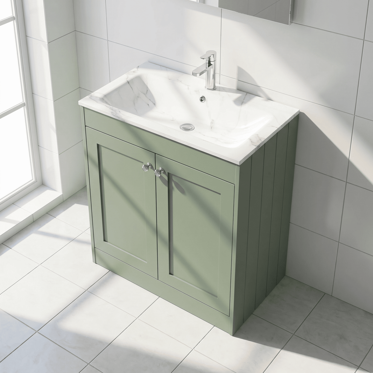 [BFHE826Q] Balterley 800mm Floor Standing 2 Door Unit & Stone Basin 1 Tap Hole - Satin Green - Lifestyle 2