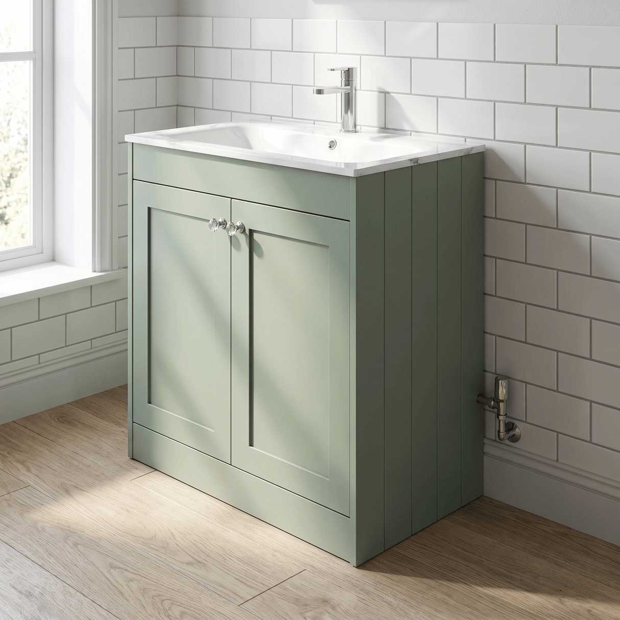 [BFHE826Q] Balterley 800mm Floor Standing 2 Door Unit & Stone Basin 1 Tap Hole - Satin Green - Lifestyle 3