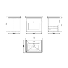 [BFHE891A] Butterton Traditional 1 Drawer Wall Hung Vanity Unit with Classic Basin, Choice of Size and Colour - Technical Drawing