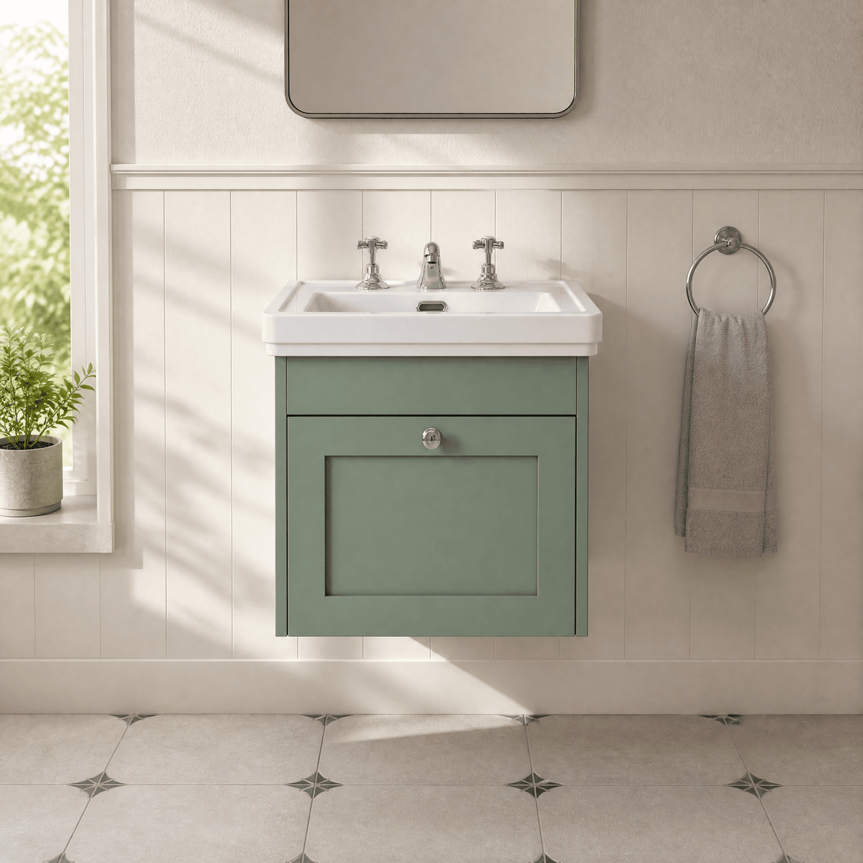 [BFHE891B] Balterley 500mm Wall Hung 1 Drawer Unit with Classic Basin 3 Tap Hole - Satin Green - Lifestyle 1