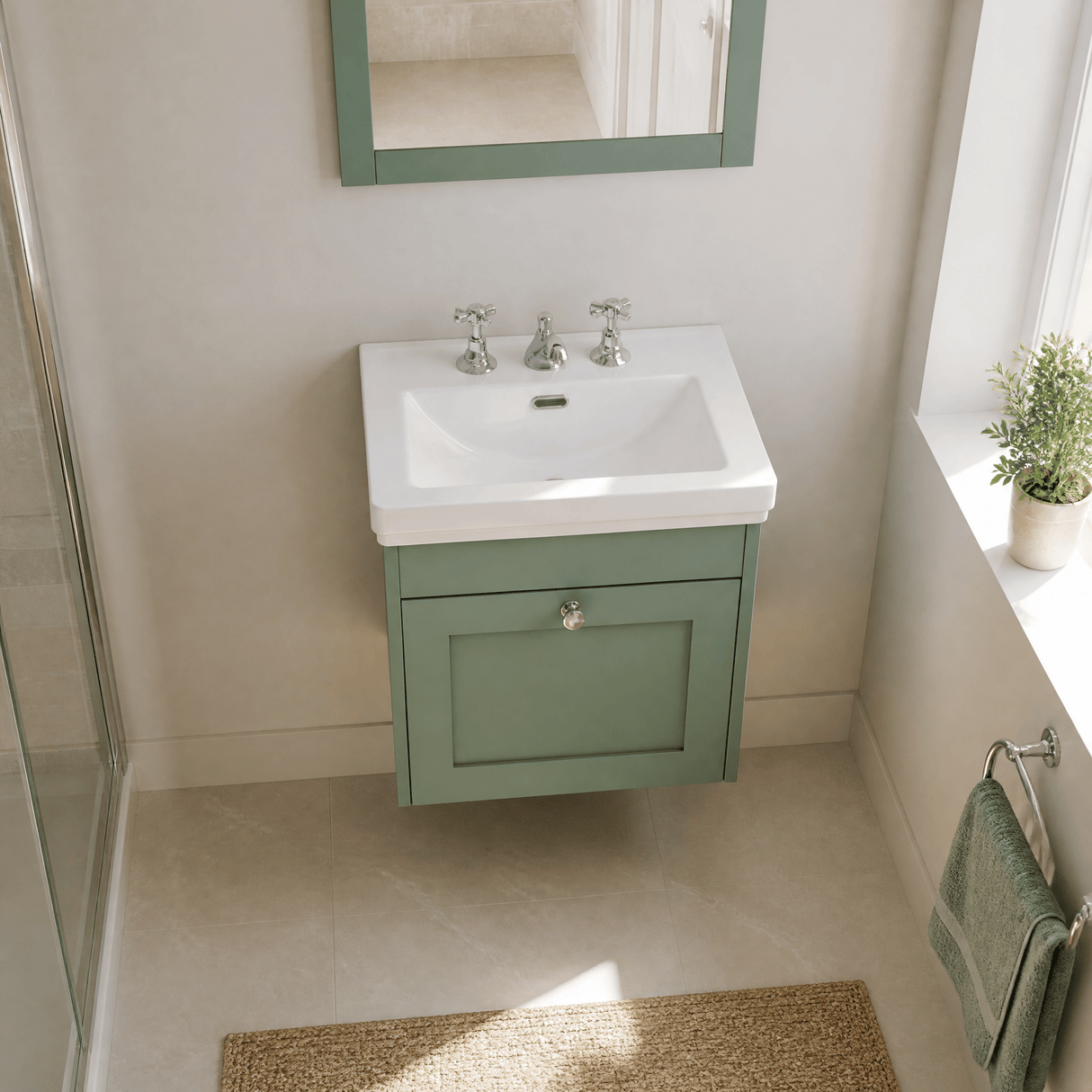 [BFHE891B] Balterley 500mm Wall Hung 1 Drawer Unit with Classic Basin 3 Tap Hole - Satin Green - Lifestyle 2