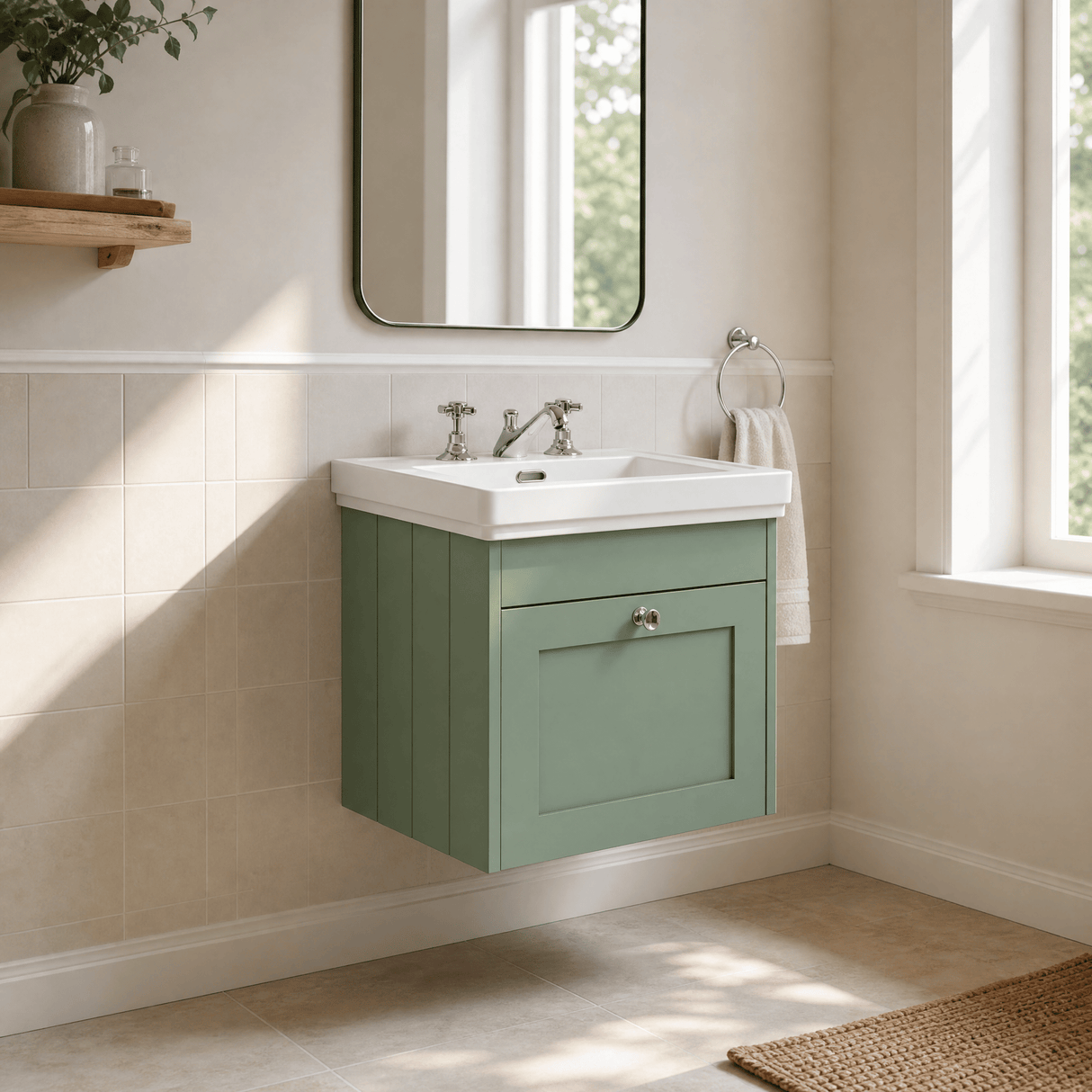 [BFHE891B] Balterley 500mm Wall Hung 1 Drawer Unit with Classic Basin 3 Tap Hole - Satin Green - Lifestyle 3