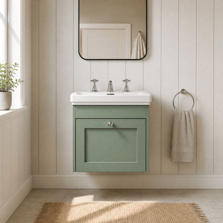 [BFHE891B] Balterley 500mm Wall Hung 1 Drawer Unit with Classic Basin 3 Tap Hole - Satin Green - Silo