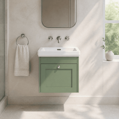 [BFHE891H] Balterley 500mm Wall Hung 1 Drawer Unit with Classic Basin No Tap Hole - Satin Green - Lifestyle 1