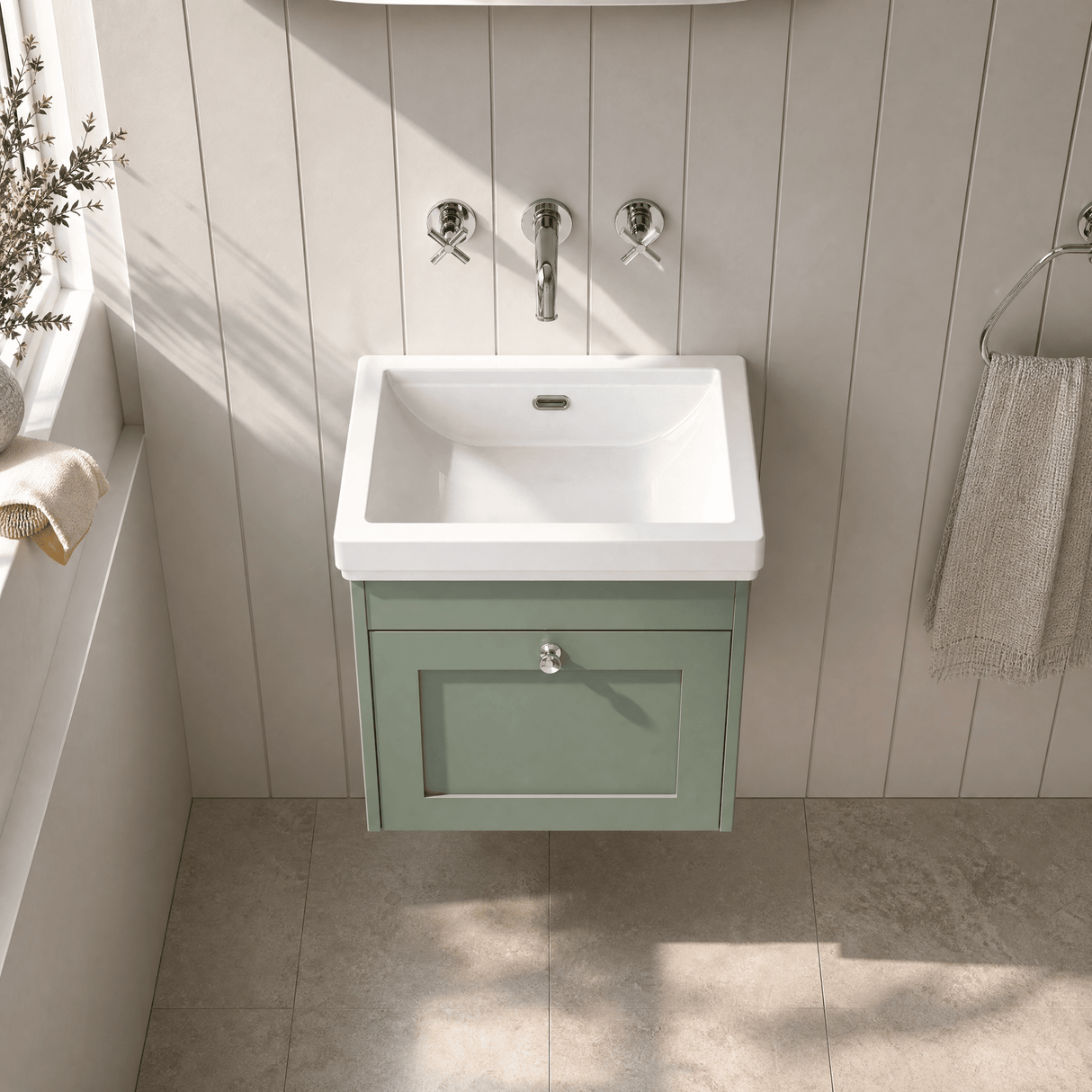 [BFHE891H] Balterley 500mm Wall Hung 1 Drawer Unit with Classic Basin No Tap Hole - Satin Green - Lifestyle 2