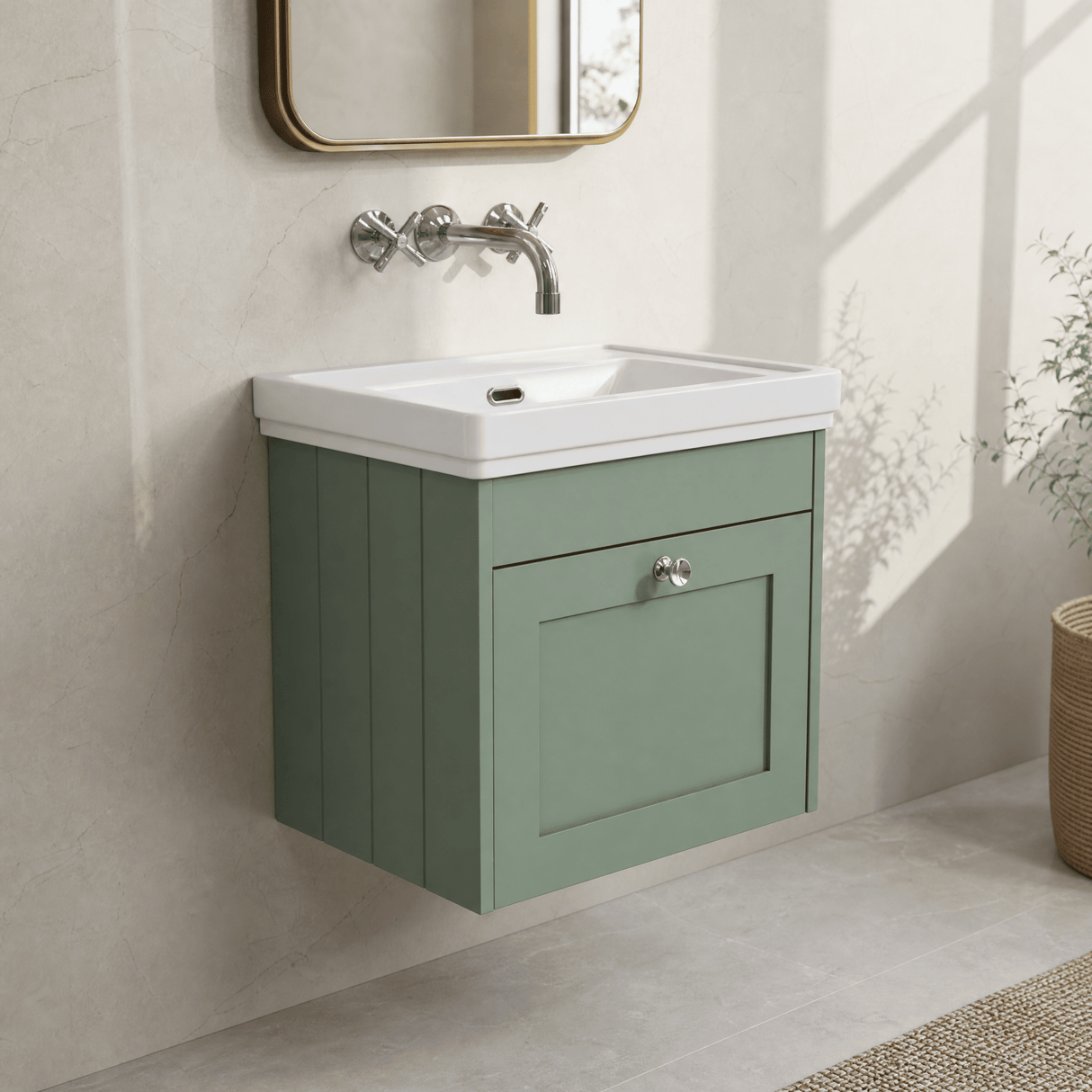 [BFHE891H] Balterley 500mm Wall Hung 1 Drawer Unit with Classic Basin No Tap Hole - Satin Green - Lifestyle 3