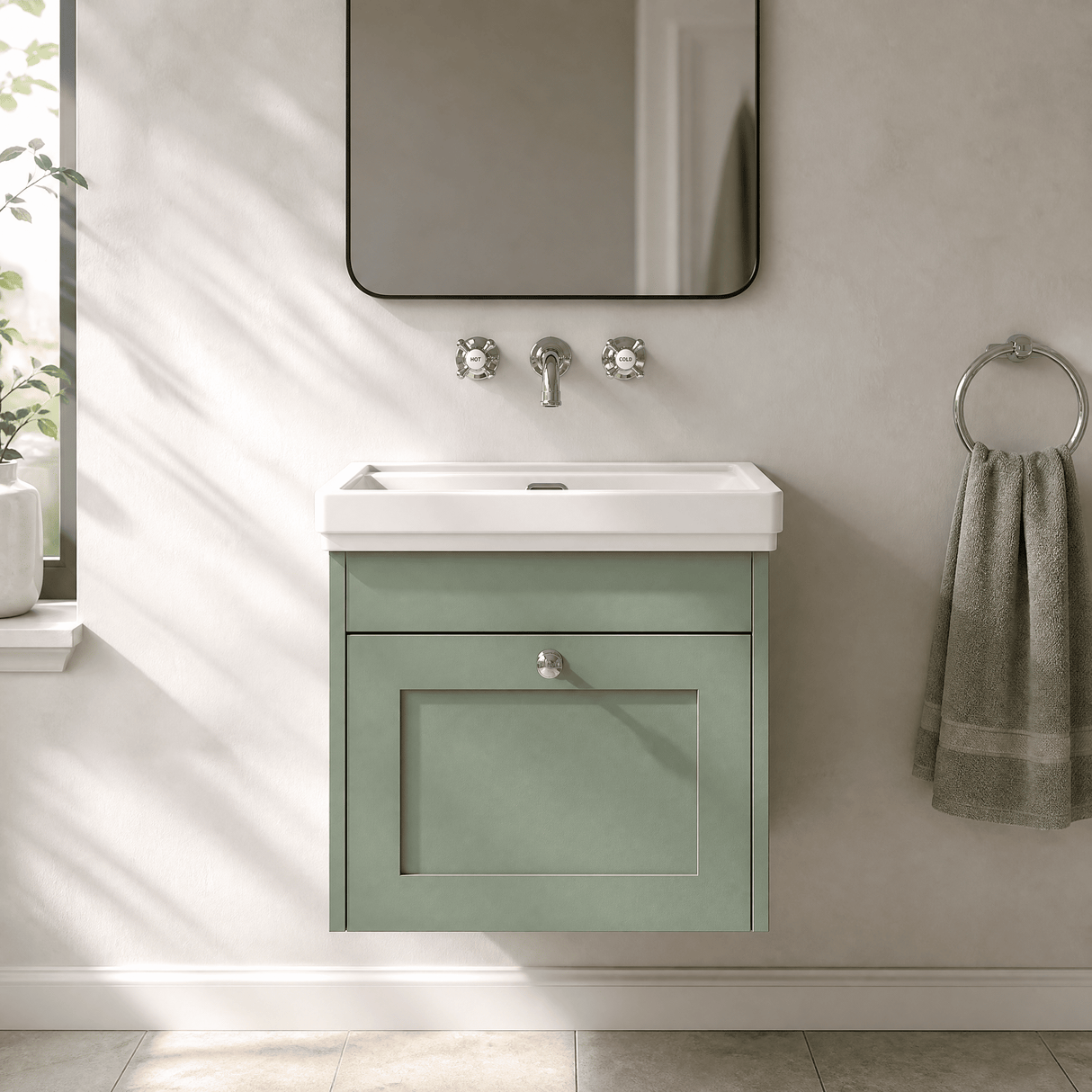 [BFHE891H] Balterley 500mm Wall Hung 1 Drawer Unit with Classic Basin No Tap Hole - Satin Green - Silo