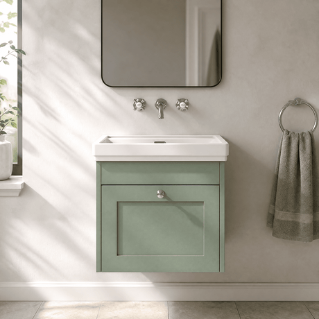 [BFHE891H] Balterley 500mm Wall Hung 1 Drawer Unit with Classic Basin No Tap Hole - Satin Green - Silo
