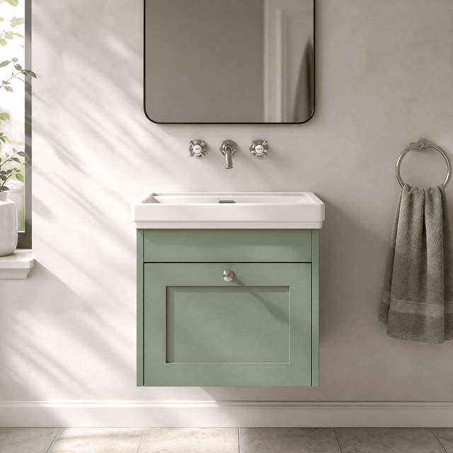 [BFHE891H] Balterley 500mm Wall Hung 1 Drawer Unit with Classic Basin No Tap Hole - Satin Green - Silo