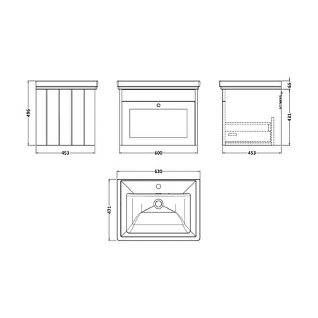 [BFHE894A] Balterley 600mm Wall Hung 1 Drawer Unit with Classic Basin 1 Tap Hole - Satin Green - Technical Drawing